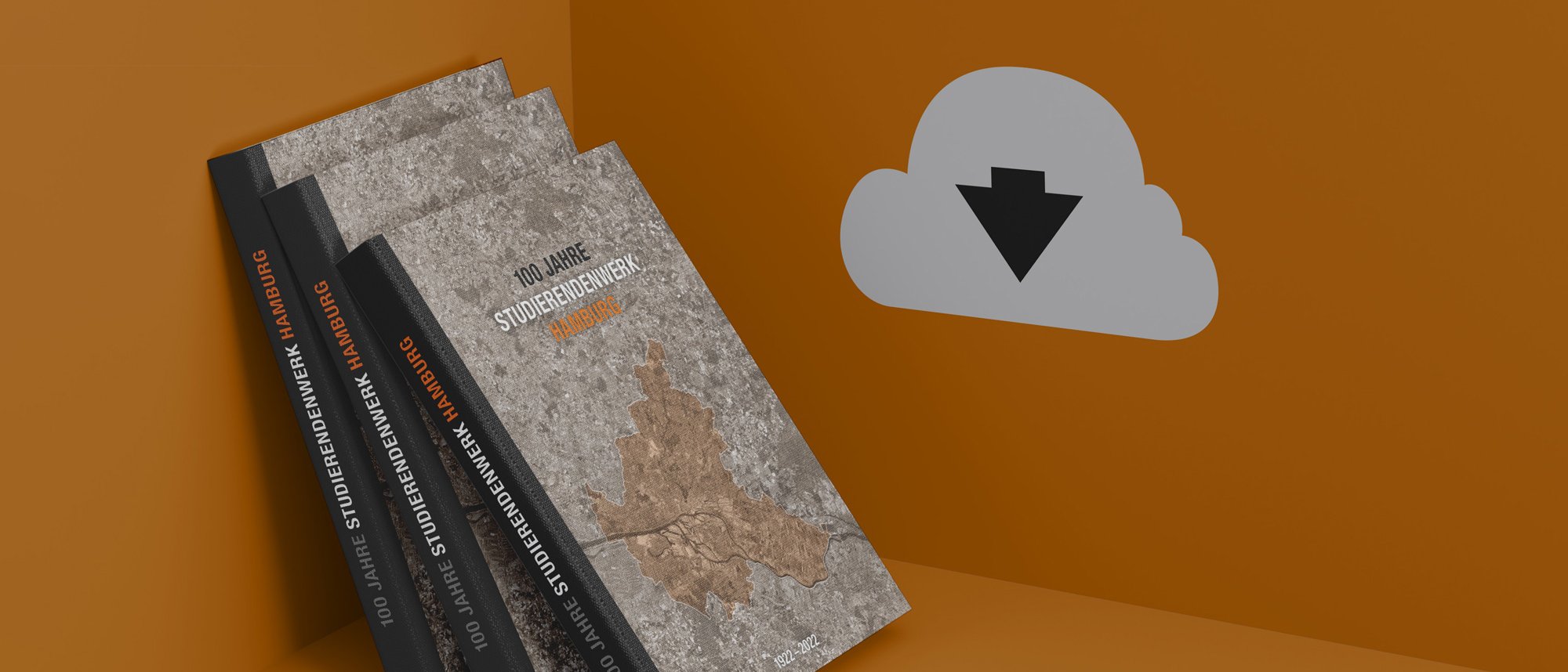 3 gebundene Ausgaben 100 Jahre Jubiläum Studierendenwerk auf orangem Untergrund mit Zeichen zum Downloaden